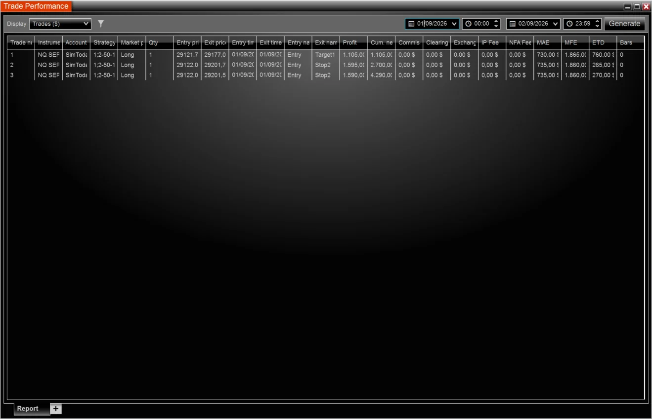 NinjaTrader Trades grid