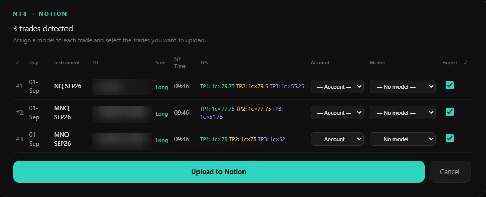 NQ Trades Lab import modal