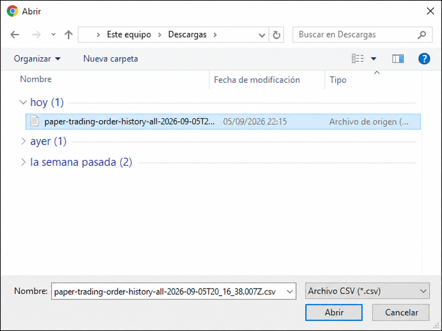 Open CSV dialog